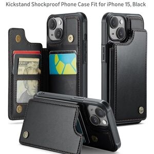 Shockproof Black Phone Case with Kickstand for iPhone 15